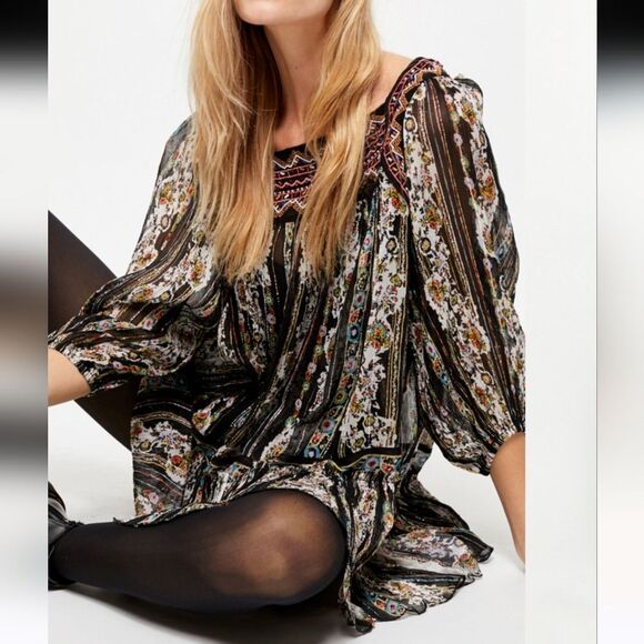 NWOT Free People Dance Magic Tunic Dress in black Size M chiffon embroidered - Picture 4 of 14